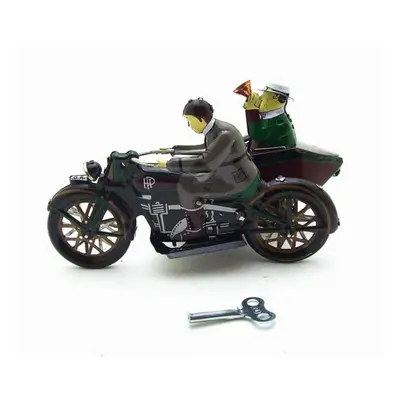 Motorcycle With Passenger In Sidecar Retro Clockwork Wind Up Tin Toys With Box