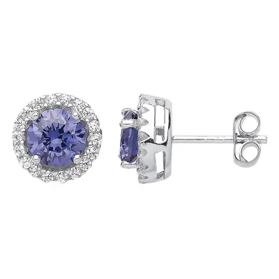 Jewelco London Ladies Sterling Silver Tanzanite-Violet Cubic zirconia Halo Solitaire Stud Earrin