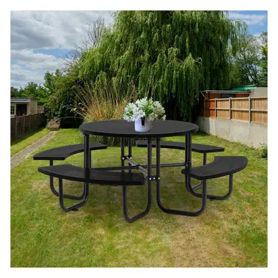 (Black) BIRCHTREE Garden 46" Picnic Round Metal Table Benches Set Seater Yard Deck