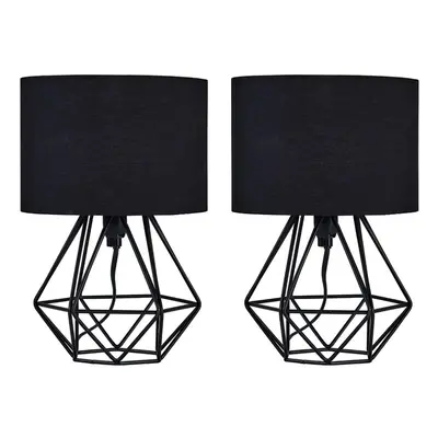 Pair of Modern Small Satin Black Metal Basket Cage Table Lamps with a Black Fabric Shade - Compl