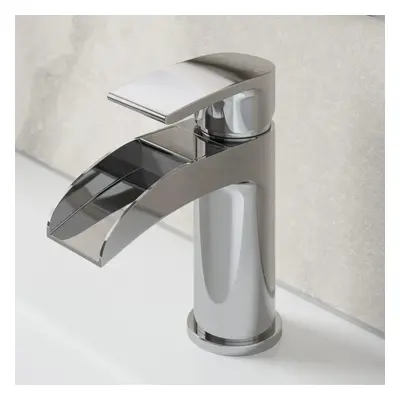 Waterfall Bathroom Mono Basin Sink Mixer Tap Modern Lever Handle Chrome Round