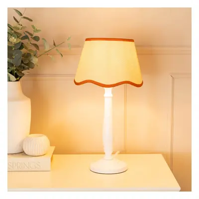 ValueLights Victoria Scallop Rust Trim Shade White Wood Table Lamp & Bulb