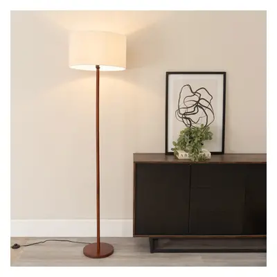 ValueLights Heather Natural White Trim Shade Dark Wood Floor Lamp & Bulb