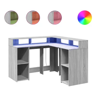 vidaXL Desk with LED Lights Writing Working Table Grey Sonoma Engineered Wood