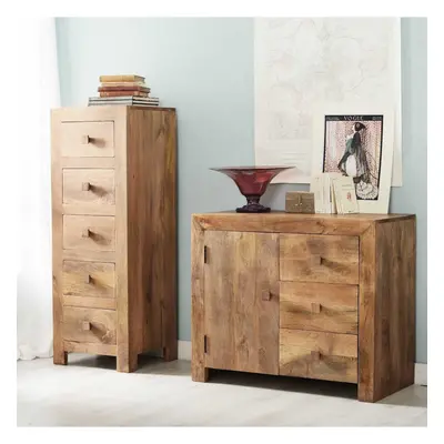 Contemporary Modern Tall Drawer Chest Clothes Storage Light Walnut Solid Wood