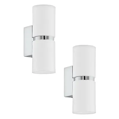 2 PACK Wall Light 2x White Shades Chrome Banding & Back Plate GU10 2x3.3W Incl