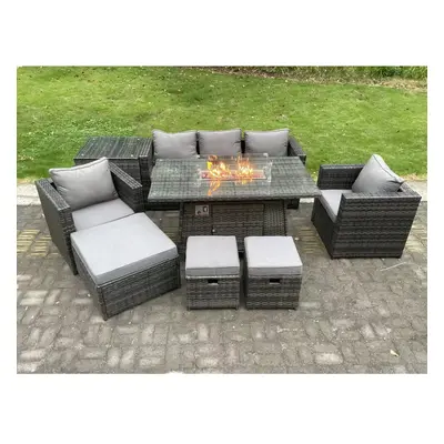 Fimous Seater Wicker PE Rattan Garden Furniture Set Gas Fire Pit Dining Table Gas Heater Burner 