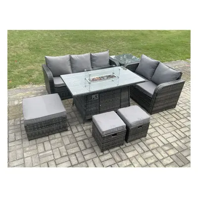 Fimous Garden Patio Furniture Wicker Rattan Gas Fire Pit Table and Sofa Chair set with Side Tabl