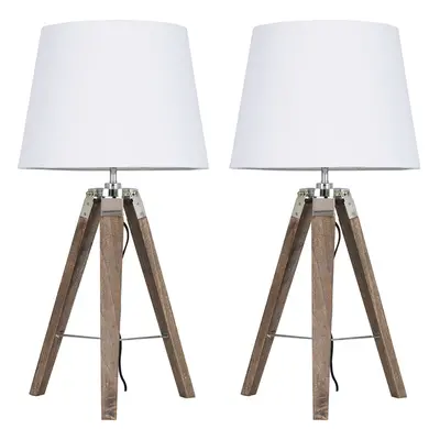 Pair of - Modern Distressed Wood and Silver Chrome Tripod Table Lamps with White Tapered Light S