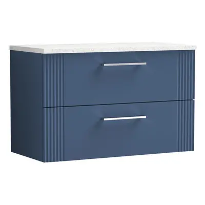 Retro Drawer Wall Hung Vanity Unit with Sparkling White Laminate Worktop - 800mm - Satin Blue - 