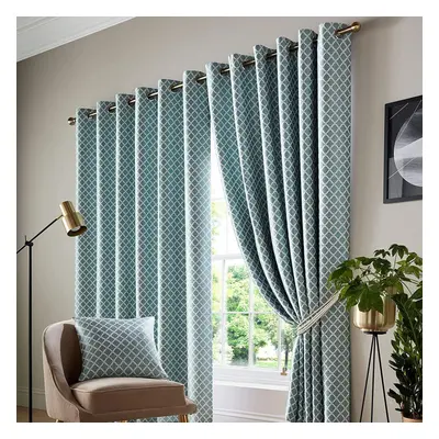 (Teal, 90" x 90") Alan Symonds Jacquard Curtains Eyelet Ring Top Fully Lined Ready Made