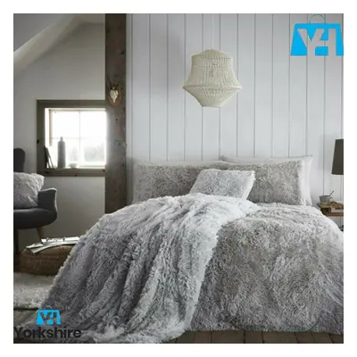 (Silver, King) Long Pile Teddy Fleece Duvets Quilts Cover Set Warm Fluffy Bedding Pillow Cases