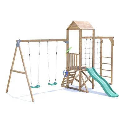 SquirrelFort Climbing Frame with Double Swing, Low Platform, Monkey Bars, Cargo Net & Slide