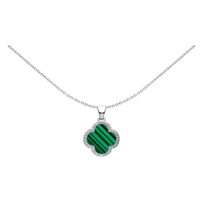 Jewelco London Rhodium Silver Green Clover Malachite & CZ Halo Lucky Charm Charm Pendant - APD23