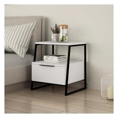 FWStyle Matt White Drawer Modern Bedside Table Nightstand Black Metal Frame