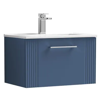 Retro Drawer Wall Hung Vanity Unit with Minimalist Tap Hole Ceramic Basin - 600mm - Satin Blue -