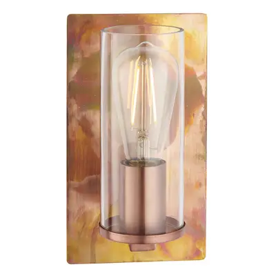 Copper Patina Plate Wall Lamp Light & Clear Glass Shade - Dimmable LED Fitting