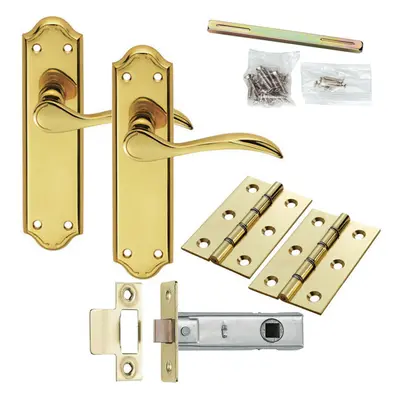 Door Handle & Latch Pack Brass Modern Scroll Curved Lever Ornate Backplate