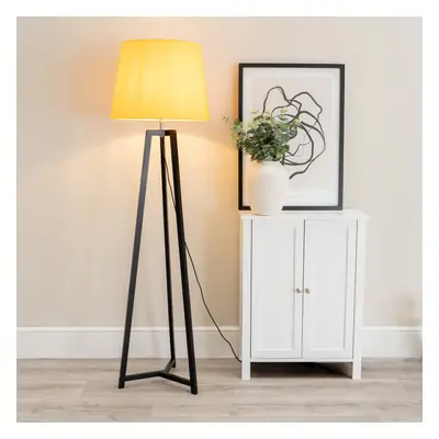 ValueLights Lottie Mustard Tapered Shade Black Wood Tripod Floor Lamp