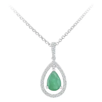 Jewelco London 18ct White Gold Round 10pts Diamond Pear 0.6ct Emerald Teardrop Pendant Necklace 