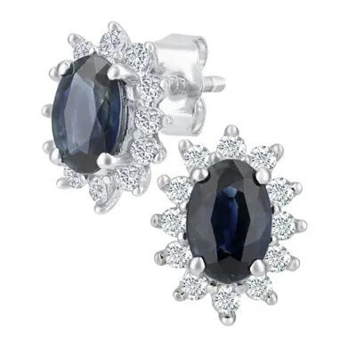 Jewelco London 9ct White Gold Round 1/4ct Diamond Oval 1.23ct Sapphire Cluster Stud Earrings - P