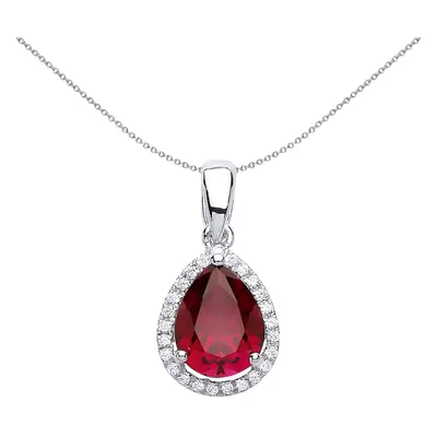 Jewelco London Ladies Sterling Silver Ruby-Red Pear Cubic Zirconia Halo Tears of Joy Pendant Nec