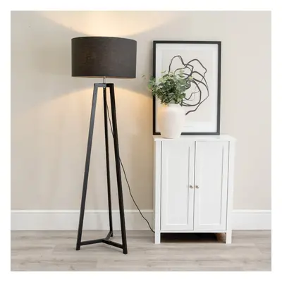 ValueLights Lottie Charcoal Shade Black Wood Tripod Floor Lamp & Bulb