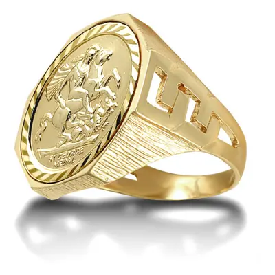 (Q) Jewelco London Men's Solid 9ct Gold Curb Links Octagon St George & Dragon Medallion Ring (Ha