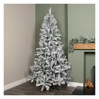 7ft Snow Flocked Artificial Christmas Tree with Green Metal Stand and Tips