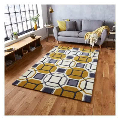 (120x170cm) Hong Kong Rugs HK9238 in Ivory Yellow Geometric Soft Acrylic Mats