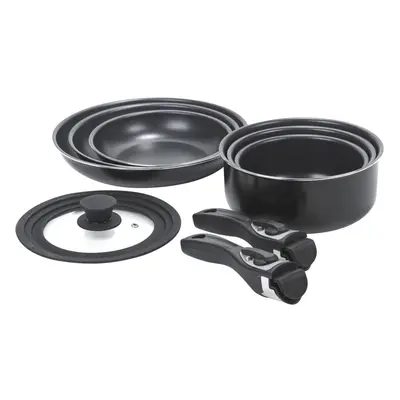 (9 PCS Frying Pans, Saucepans, Detachable Handles, Lid) Black Stackable Frying & Saucepan Set | 