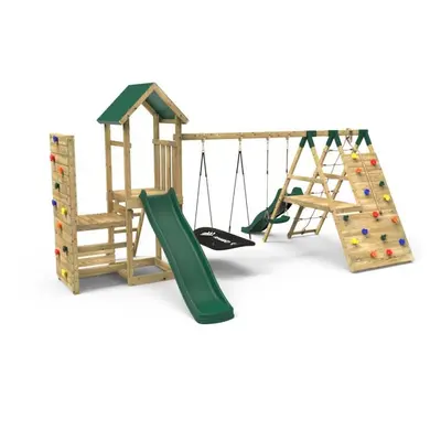 (San Luis+) Rebo Wooden Climbing Frame with Vertical Rock Wall, Swing Set and Slide