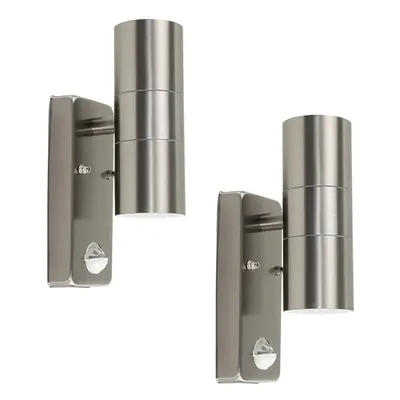 Pair of - Stainless Steel Up/Down Outdoor Security Wall Lights - PIR Motion Sensor Detector - IP