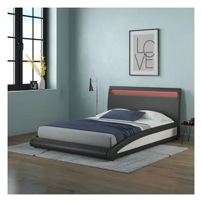 (Small Double, Black) Neptune LED Lights Headboard Gaming Style Faux Leather Bed Frame