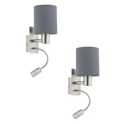 2 PACK Wall Light Colour Satin Nickel Shade Grey Fabric E27 LED 1x40W 1x3.5W