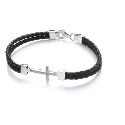 Jewelco London Mens Black Leather Stainless Steel Multi Strand Plaited Beaded Cross Strap Bracel