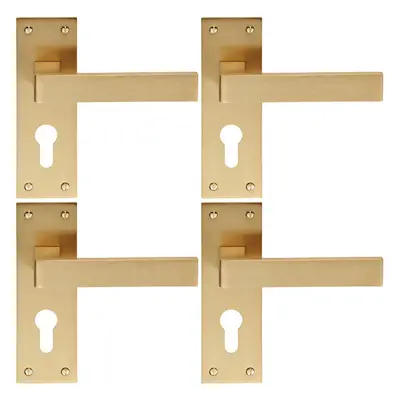 4x PAIR Straight Square Handle on Euro Lock Backplate x 50mm Satin Brass