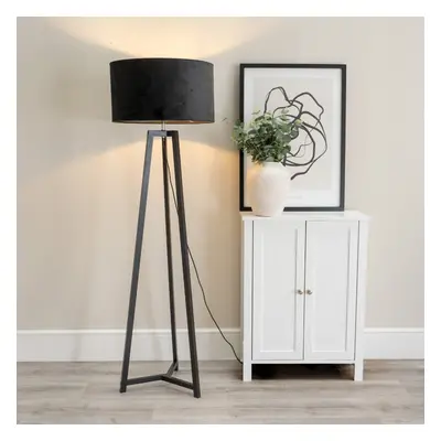 ValueLights Lottie Black Velvet Shade Black Wood Tripod Floor Lamp