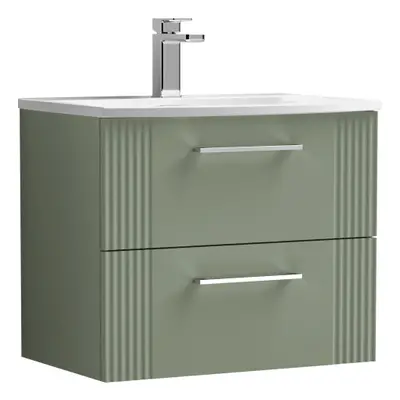 Retro Drawer Wall Hung Vanity Unit with Curved Tap Hole Ceramic Basin - 600mm - Satin Green - Ba