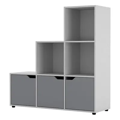 (White, Grey) Cube Step Storage Bookcase Shelf Unit Doors Wood