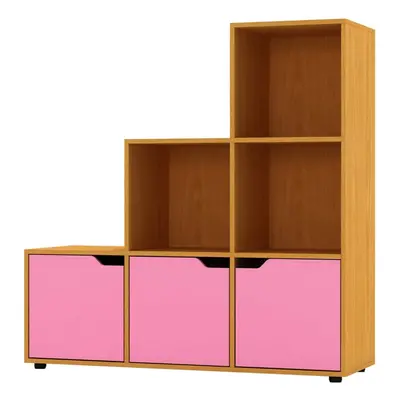 (Beech, Pink) Cube Step Storage Bookcase Shelf Unit Doors Wood