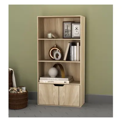 (Oak, Oak) Tier Wooden Bookcase with Doors Shelving Cabinet