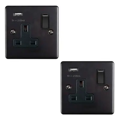 2 PACK Gang Single UK Plug Socket & 2.1A USB MATT BLACK & Black 13A Switched