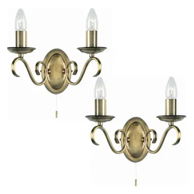 2 PACK Dimmable LED Twin Wall Light Antique Brass Vintage 2x Bulb Lamp Lighting