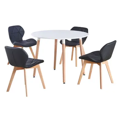 (White Table & Black PU Chairs) Charles Jacobs Round Seat Dinner Table & Chair Circular Scandi S