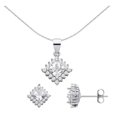 Jewelco London Ladies Rhodium Plated Sterling Silver Princess CZ Rotated Square Halo Cluster Ear