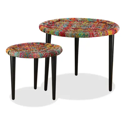 vidaXL Coffee Table Set Piece Chindi Weave Details Multicolour Plant Stand