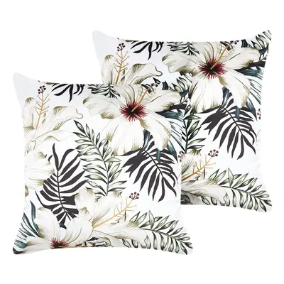 Set of Velvet Cushions Leaf Pattern x cm White and Green OKRA