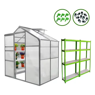 (6ft x 4ft Greenhouse & x Racks) Greenhouse Polycarbonate Walk-in Aluminium Metal Silver Base Op