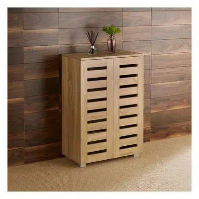 (Oak) Home Source Oslo Door Slatted Shoe Cabinet Storage Unit